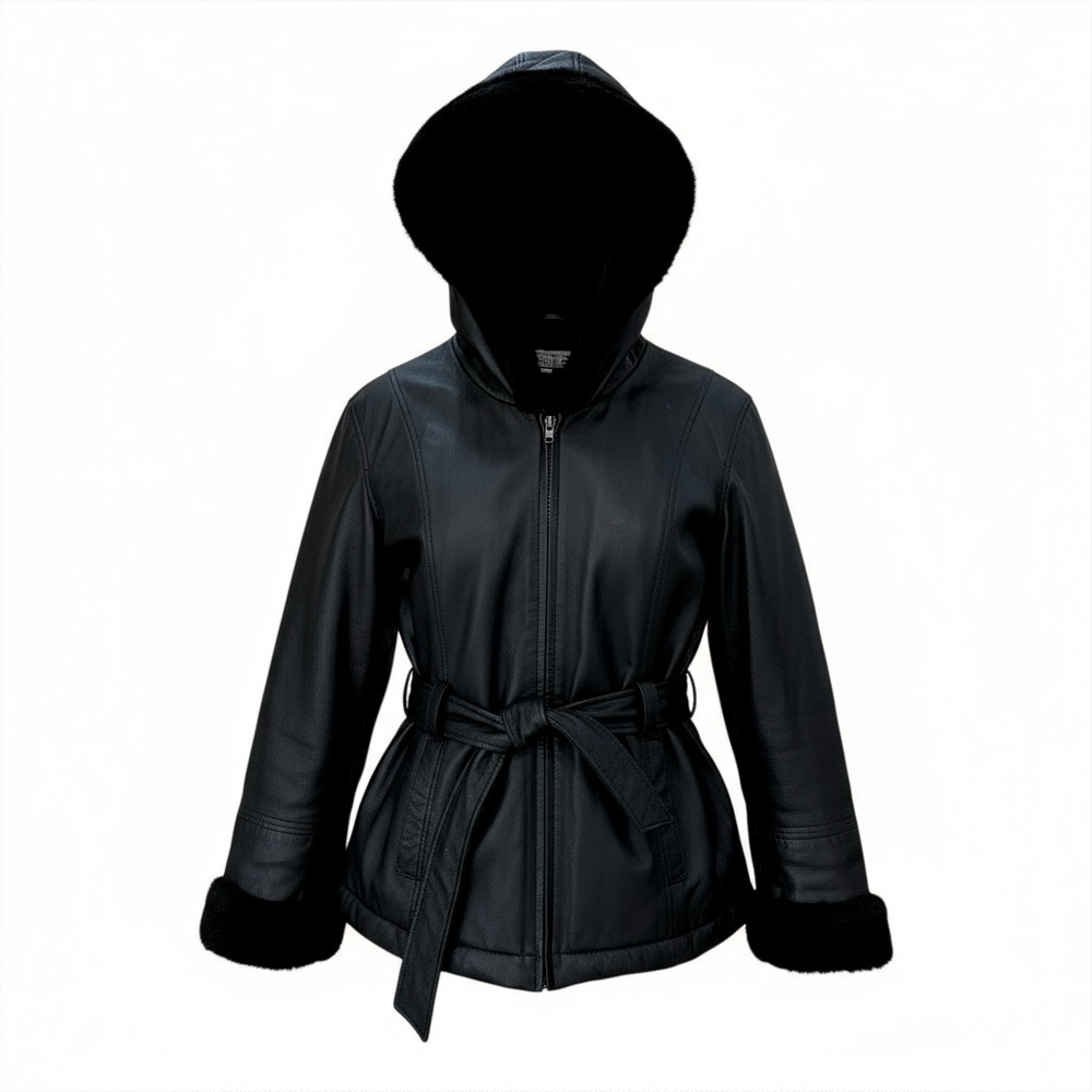 100% Genuine Leather Coat with Faux Fur Interior Women's Black Hooded Jacket - Picture 2 of 8